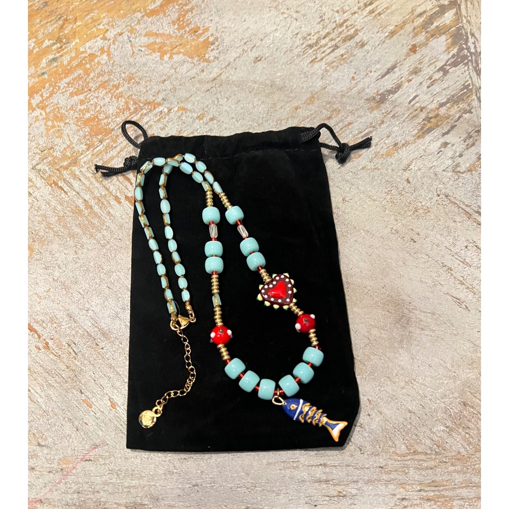 Mayamar Whimsical Beaded Fish & Heart Charm Necklace Blue Gold Tone